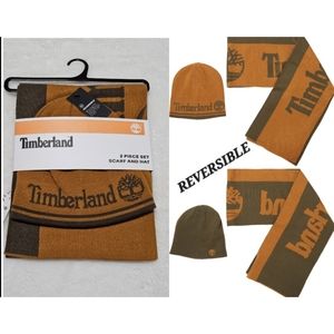 NWT Timberland Logo Jacquard Scarf & Beanie Reversible Hat OS